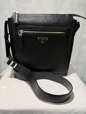 Prada Black Saffiano Leather Messenger Bag with Silver Hardware